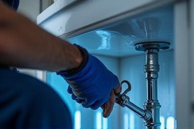 Plumber fixing a leak under a sink